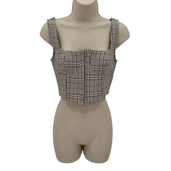NWT Full Tilt Womens Cream Black Plaid Hook & Eye Closure Sleeveless Crop Top M - Picture 1 of 10